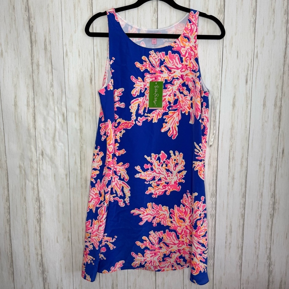 Lilly Pulitzer NWT Silk Blue Dress with Pink Coral Medium - Picture 2 of 7